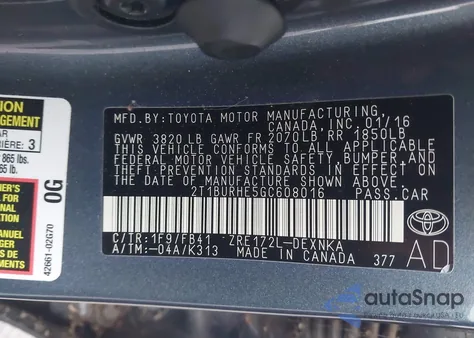 2016 Toyota Corolla Le z USA, uszkodzony, nr VIN 2T1BURHE5GC608016